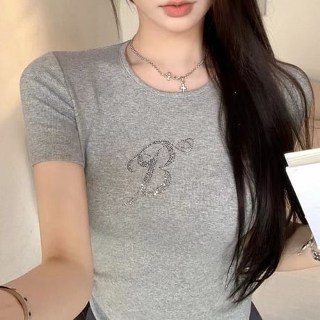 tシャツ エンジェルウィング 天使の羽 ラインストーン スパンコール ショート丈 ピチT タイト トップス スリムフィット 半袖 レトロ 大人可愛い ガーリー DTCA-770798338662