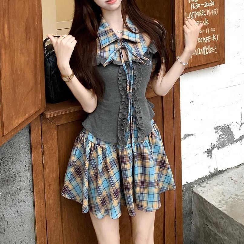 2点セット セットアップ ノースリーブチェックワンピース フリル