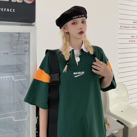 ユニセックス バイカラー ポロシャツ 半袖 オーバーサイズ 韓国ファッション メンズ レディース トップス ルーズ カジュアル ストリートファッション DTC-643113682356
