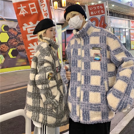 ユニセックス チェック柄 ボアジャケットもこもこ ラムウール ジップアップ 男女兼用 ショートコート ゆったり ボア カジュアル ストリート系 DTC-634195642983