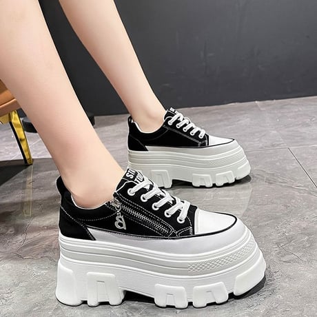 厚底 キャンバススニーカー 22.5～24.5cm シューレース サイドファスナー ベーシック カジュアル 大人可愛い ガーリー 韓国ファッション レディース DTC-649218568067