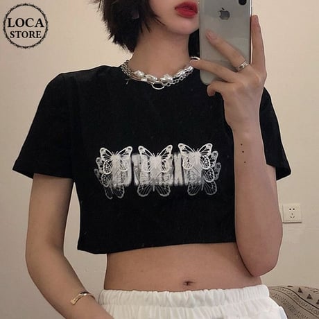 Tシャツ バタフライ柄 クロップド丈 ショート丈 半袖 へそ出し ブラック レトロ 韓国ファッション レディース 大人可愛い ガーリー カジュアル ストリート系 DTC-618248734673