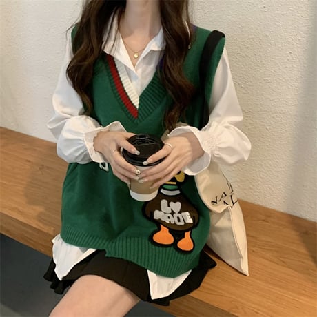 ニットベスト Vネック 不規則デザイン マガモ マルチカラー ルーズ シンプル レトロ 韓国ファッション レディース ガーリー カジュアル DTC-666231453890