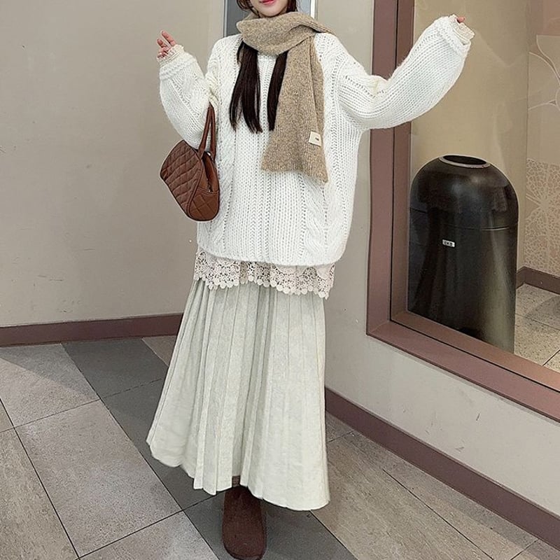 セットアップ 3点セット ニット セーター ケーブル編み レースインナー