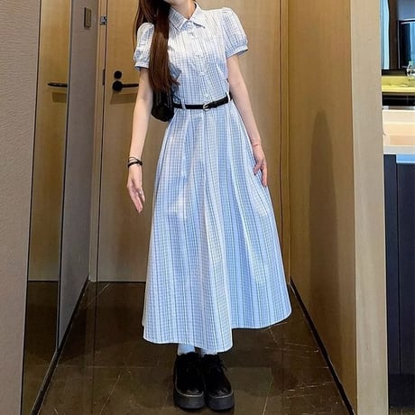 シャツワンピース 半袖 パフスリーブ ロングワンピース Aライン ワンピース ハイウエスト レトロ 大人可愛い ガーリー DTCA-940926932834