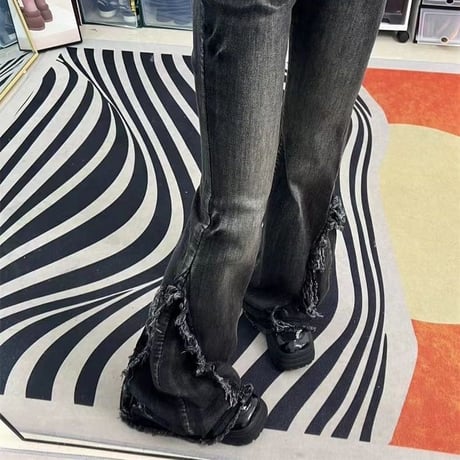 デニムパンツ ヴィンテージ風 フリンジ フレア デニム ダメージ ジーンズ ローライズ 美脚 レトロ 大人可愛い ガーリー カジュアル DTCA-749024523496