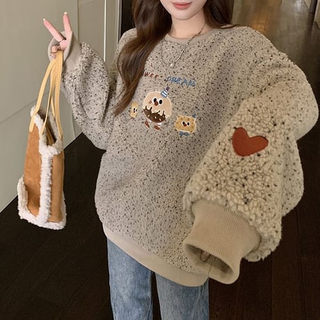 ボアトレーナー ボアトップス フェイクラムウール オーバーサイズ トップス 刺繍 長袖 プルオーバー レトロ 韓国ファッション レディース 大人可愛い カジュアル DTC-751169871105