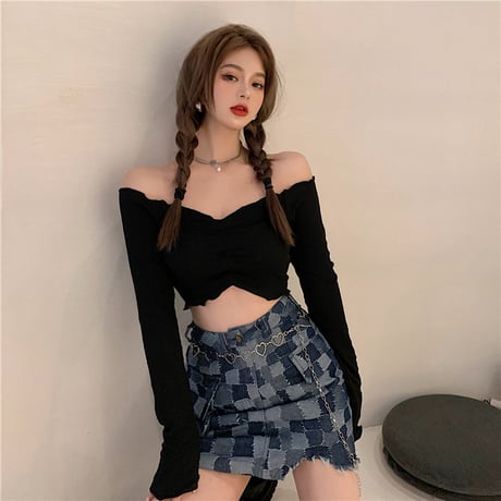 オフショル カットソー 長袖 ショート 韓国ファッション レディース トップス へそ出し Tシャツ オフショルダー Vネック スタイルアップ 大人可愛い ガーリー DTC-625937979040