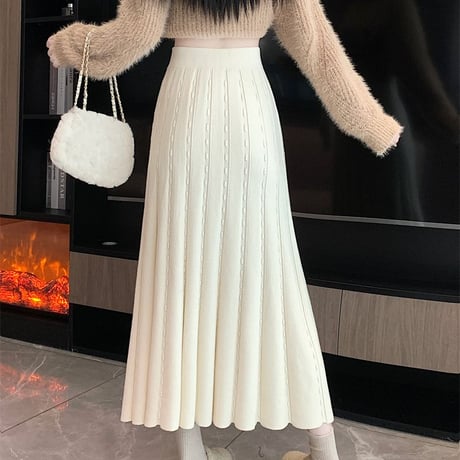 ニットスカート 厚手 マーメイドスカート プリーツスカート ロング丈 ハイウエスト スカート ウエストゴム レトロ 韓国ファッション レディース 大人可愛い ガーリー DTC-756880446087