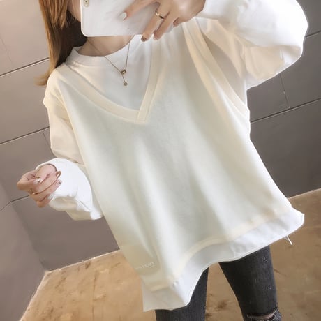 フェイクレイヤード トップス ベスト ドッキング ラウンドネック ルーズ 韓国ファッション レディース ゆったり 体型カバー 大人可愛い ガーリー DTC-624754370918