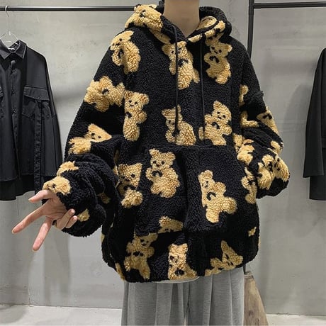 ユニセックス プルオーバー ボアフリースパーカー メンズ レディース 英字 クマちゃん ベアー プリント オーバーサイズ ルーズ ストリート系 ファッション TBN-629554274748