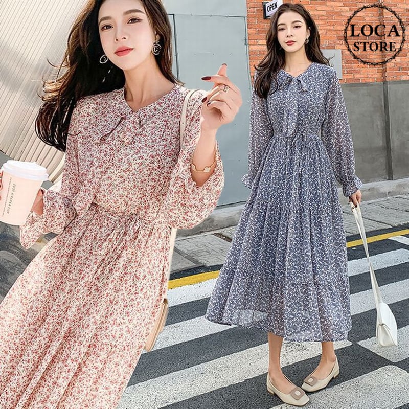 ワンピース 花柄 リボンタイ プリーツ パフスリーブ Aライン 長袖 韓国