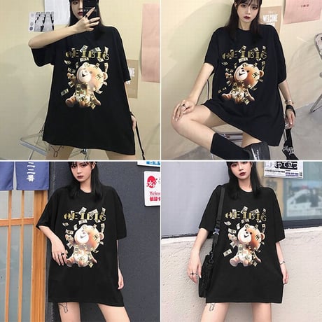 ユニセックス Tシャツ 半袖 メンズ レディース ラウンドネック お金をばら撒いてるクマちゃん ベアー プリント オーバーサイズ 大きいサイズ ルーズ ストリート TBN-620324568986