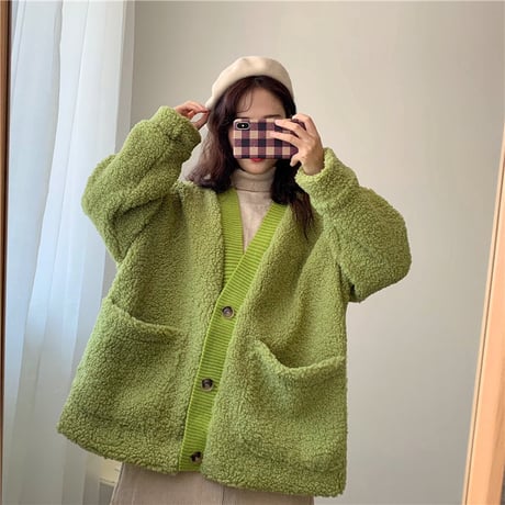 もこもこカーディガン ボア 韓国ファッション レディース カーディガン アウター 暖かい フェイクムートン ドロップショルダー ボアジャケット 大きいポケット (DCT-604923682357)