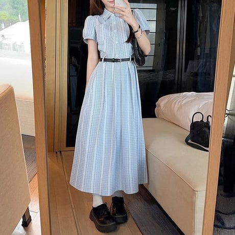 シャツワンピース 半袖 パフスリーブ ロングワンピース Aライン ワンピース ハイウエスト レトロ 大人可愛い ガーリー DTCA-940926932834