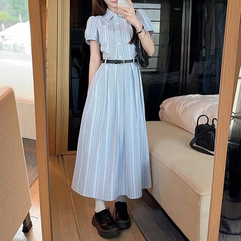 シャツワンピース 半袖 パフスリーブ ロングワンピース Aライン