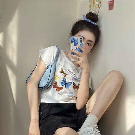 Tシャツ 半袖 袖切りっぱなし ショート丈 バタフライ 蝶 ホワイト 韓国ファッション レディース 大人可愛い ガーリー DTC-614247121002_wt