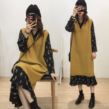 レディース ニットベスト ワンピース 2点セット 長袖ワンピース vネックニットベスト ロング丈 秋 冬 韓国 韓国ファッション (DTC-585403029763)