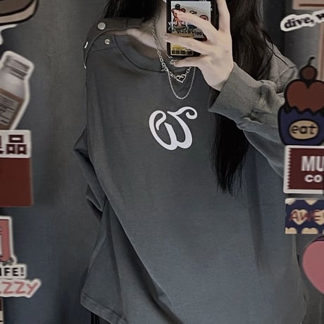 肩ボタン トップス オープンショルダー Tシャツ オーバーサイズ ルーズ 長袖 レトロ カジュアル 韓国ファッション レディース 韓国ストリートファッション DTC-679383214119