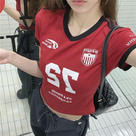 Tシャツ ユニフォーム風 サイドライン Vネック ショート丈 バイカラー トップス 半袖 レトロ 韓国ファッション レディース 大人可愛い ガーリー スポーツミックス DTC-802799667904