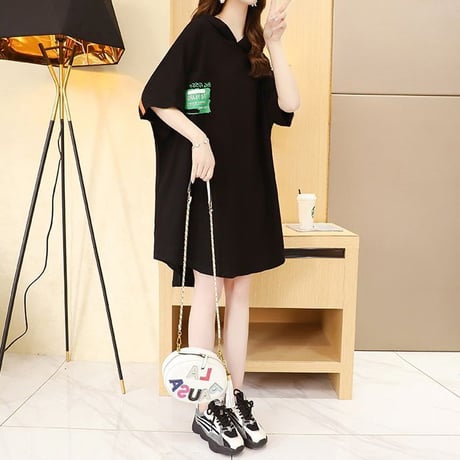 Tシャツ ワンピース パーカー ロングTシャツ フードTシャツ フード付き ゆったり 半袖 レトロ 韓国ファッション レディース 大人可愛い ガーリー カジュアル DTC-669585218614