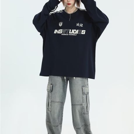 ユニフォーム風 トレーナー ロンT トップス サイドライン プルオーバー オーバーサイズ ゆったり 長袖 レトロ カジュアル ストリート女子 スポーツミックス DTCA-848119854080