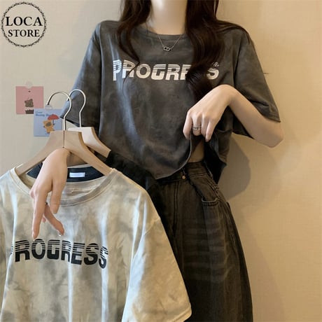 タイダイ柄 Tシャツ ショート丈 ロゴ 半袖 ルーズ レトロ カジュアル 韓国ファッション レディース 大人可愛い ガーリー DTC-767804771620