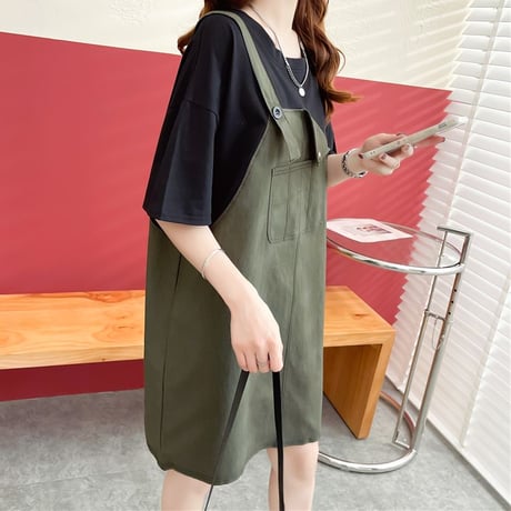 フェイクレイヤード ワンピース Tシャツ ドッキングワンピース ミニ丈 バイカラー ルーズ 半袖 レトロ 大人可愛い ガーリー 韓国ファッション レディース DTC-678993747695
