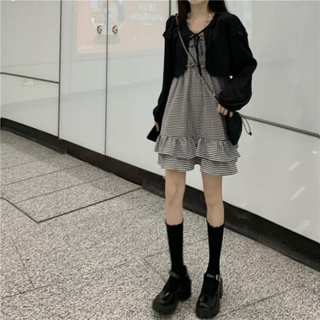 セットアップ ボレロ キャミワンピース 千鳥格子柄 チェック柄 ハイウエスト 2点セット 長袖 レトロ 韓国ファッション レディース 大人可愛い ガーリー DTC-644393055166