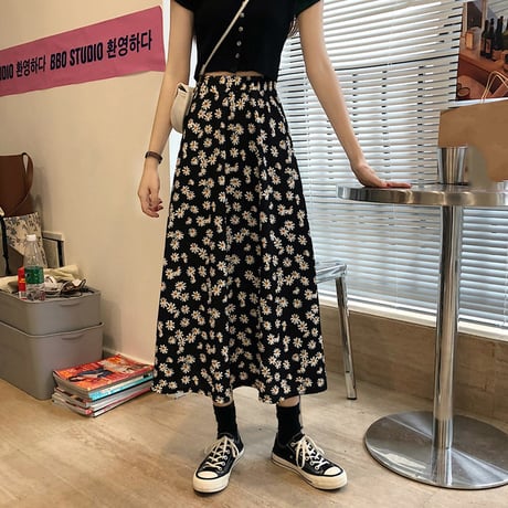 花柄 スカート ロング丈 韓国ファッション レディース ロングスカート シフォン Aライン ハイウエスト レトロ ガーリー 615676995148