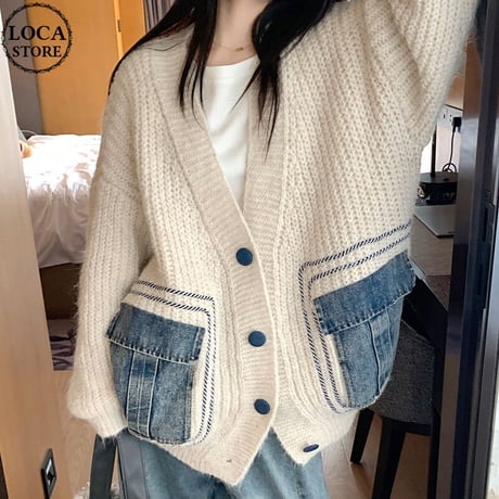 カーディガン ニット デニムミックス 異素材 オーバーサイズ 長袖 ルーズ ゆったり レトロ 韓国ファッション レディース 大人可愛い ガーリー カジュアル DTC-738962872965