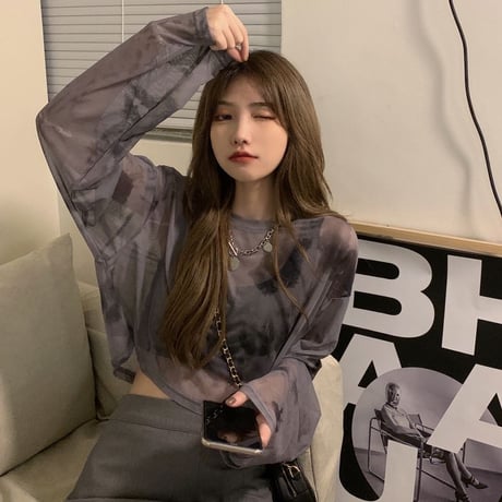 【2カラー】 2点セット タイダイ シアーTシャツ キャミソール付き  ショート丈 ルーズ シースルー 韓国ファッション レディース 大人可愛い ガーリー カジュアル DTC-649079428397