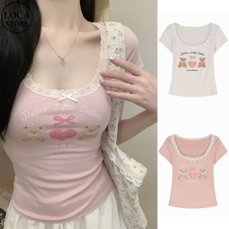 tシャツ ドット柄 クマちゃん リボン レース トップス Uネック スリムフィット スリムtシャツ 半袖 レトロ 大人可愛い ガーリー カジュアル DTCA-811944873611