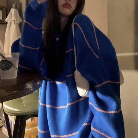 ボーダー ニットセーター プルオーバー クルーネック 厚手 長袖 ルーズ ゆったり レトロ 韓国ファッション レディース  大人可愛い ガーリー カジュアル DTC-658401914498