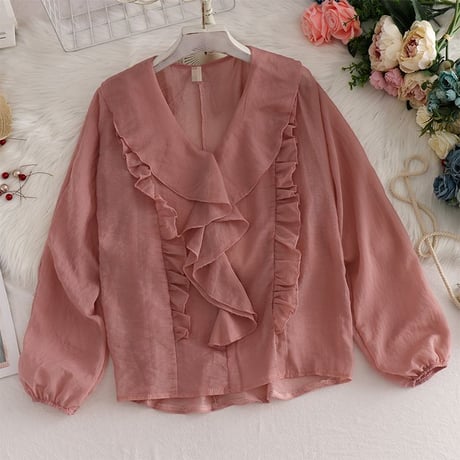 フリル ブラウス Vネック 長袖 韓国ファッション レディース トップス ゆったり カットソー 大人可愛い ガーリー DTC-623229289562