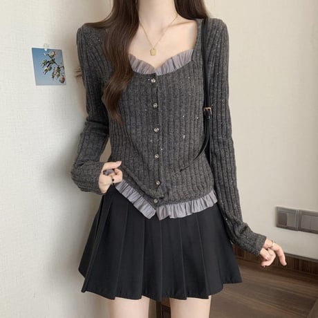 ニット カーディガン レース フリル トップス リブニット スクエアネック スリムフィット 長袖 レトロ 大人可愛い ガーリー DTCA-966412508396