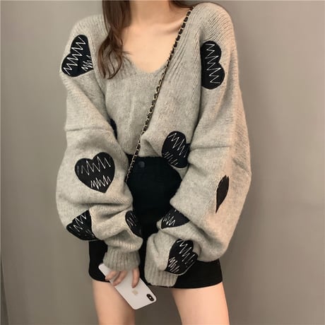 ハート刺繍 ニット セーター 韓国ファッション ゆったり 長袖 プルオーバー 可愛い 大人カジュアル 韓国 レディース (DTC-603675379010)
