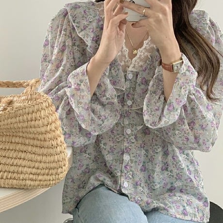 花柄 ブラウス レース フリル Vネック シフォン シャツ トップス ゆったり ルーズ 長袖 レトロ 大人可愛い ガーリー フェミニン DTCA-945596197065