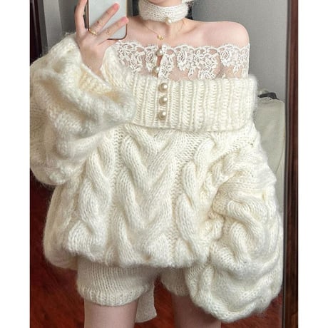 ニット ケーブル編み レース オフショルダー ボタン トップス 長袖 ゆったり ルーズ レトロ 大人可愛い ガーリー DTCA-974012246141