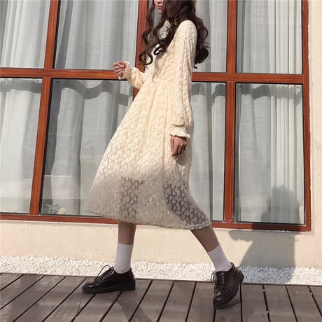 ワンピース レース ロング丈 起毛 韓国ファッション レディース 厚手 ハイネック フリル襟 袖フリル 長袖 レトロ DTC-606940249757