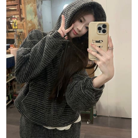セットアップ 上下セット フリース ボーダー柄 ジップアップ パーカー ポケッ トワイドパンツ ジャージ ルーズ レトロ 大人可愛い ガーリー カジュアル DTCA-865292473430