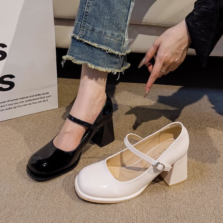 メリージェーンパンプス 22.0～24.5cm パテントレザー チャンキーヒール 太ヒール 7.5cm パンプス ラウンドトゥ 韓国ファッション レディース DTCA-821831991229