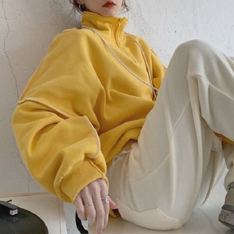 トレーナー ハイネック ハーフジップ プルオーバー ドロップショルダー 大きめ オーバーサイズ 長袖  大人可愛い ガーリー カジュアル ストリート系 DTC-655076992467