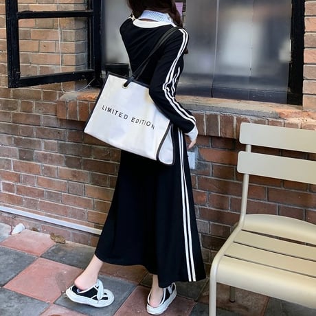 サイドライン ワンピース Vネック ウエストスリム ロングワンピース ハイウエスト 長袖 レトロ 韓国ファッション レディース 大人可愛い ガーリー DTC-681415510381