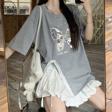 Tシャツ スパンコール バタフライ 蝶 レース スリット キラキラ トップス ルーズ 半袖 レトロ 韓国ファッション レディース 大人可愛い ガーリー DTC-797869272696