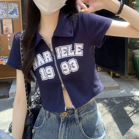 ダブルジップ ワッフル トップス 襟付き Tシャツ クロップド丈 ショート丈 レタープリント 半袖 シンプル ルーズ レトロ 大人可愛い ガーリー カジュアル DTCA-711769972021