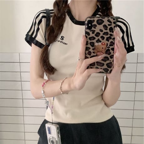 Tシャツ サイドライン スリムフィット トップス 半袖 レトロ 韓国ファッション レディース 大人可愛い ガーリー スポーツミックス カジュアル DTC-800737155571