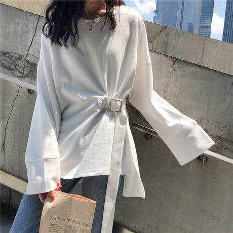 不規則デザイン Tシャツ 前後丈違い ウエスト絞り 裾スリット ラウンドネック 長袖 韓国ファッション レディース トップス 大人可愛い ガーリー DTC-652883756772