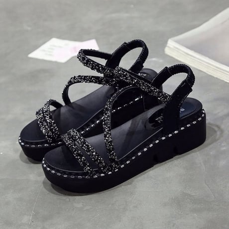 スパンコール 厚底サンダル 22.5～24.5cm プラットフォーム アンクルストラップ オープントゥ ウェッジフラット サンダル 韓国ファッション レディース DCT-670426623868
