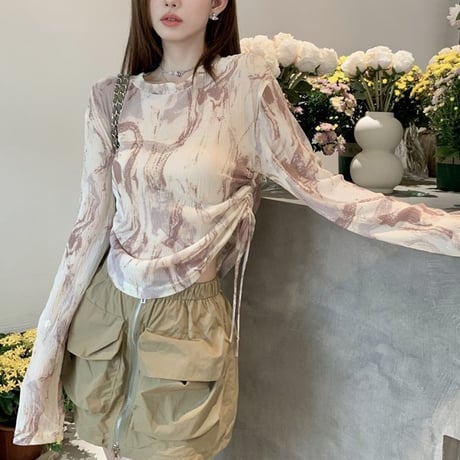 Tシャツ メッシュ 薄手 サイドドロスト ドローストリング ルーズ 長袖 レトロ 韓国ファッション レディース 大人可愛い ガーリー DTC-722434528937